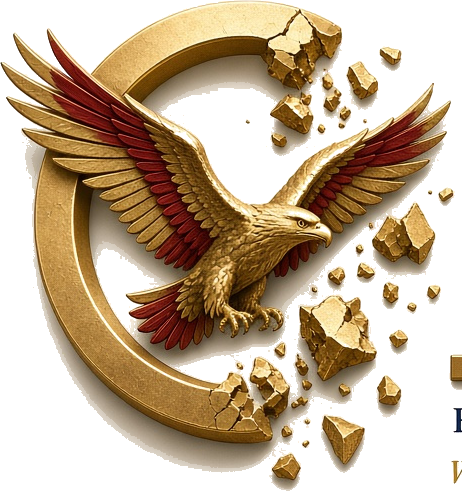Eagle breaking through a gold ring